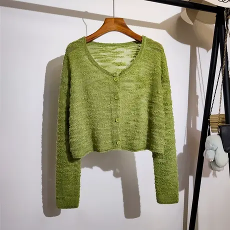 镂空针织开衫外套女春夏新款吊带连衣裙外搭短款长袖防晒披肩上衣图片