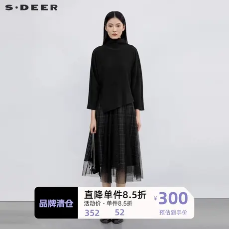 sdeer圣迪奥女装肌理收腰网纱格纹两件套连衣裙S223Z1433图片
