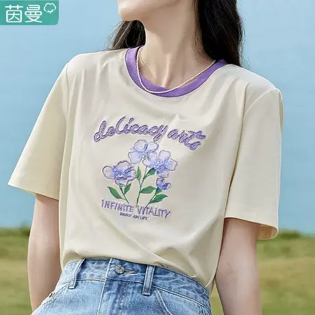 茵曼官方旗舰店印花体桖纯棉t恤半袖时尚女士短袖2024年新款宽松图片