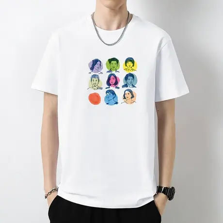 重磅白色t恤男士短袖纯棉圆领上衣服美式潮流液氨长绒棉全棉半袖商品大图