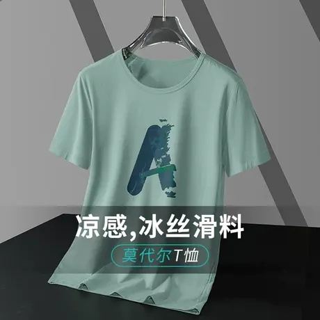 莫代尔短袖t恤男装夏季冰丝凉感半袖字母印花体恤圆领速干上衣服商品大图