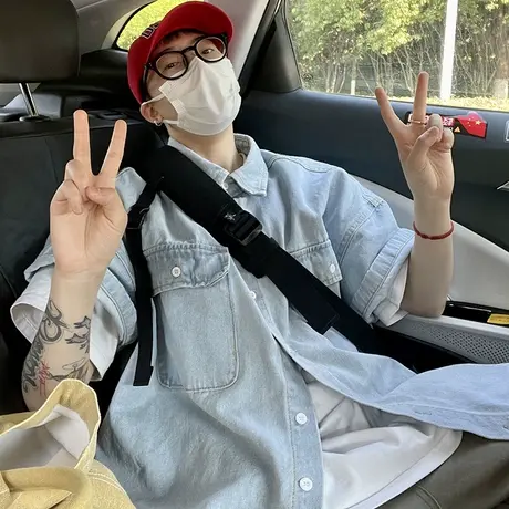 短袖牛仔衬衫男夏季美式纯色潮牌宽松慵懒风情侣休闲半袖衬衣外套商品大图