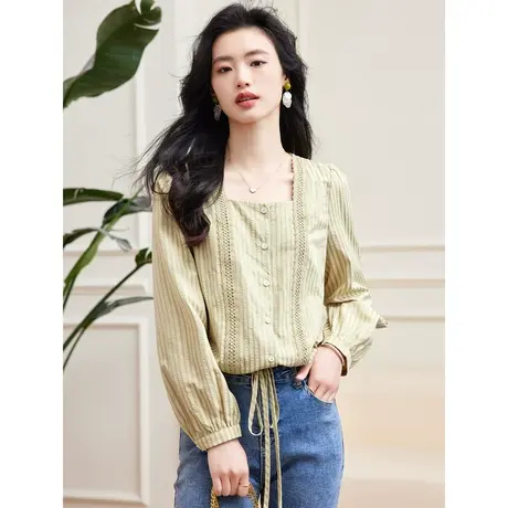 时尚气质淑女长袖衬衫2023年春季新款女简约宽松显瘦通勤方领上衣商品大图