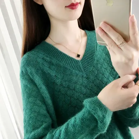 V领镂空针织衫女2023秋季新款纯色长袖打底衫宽松外穿毛衣罩衫潮商品大图