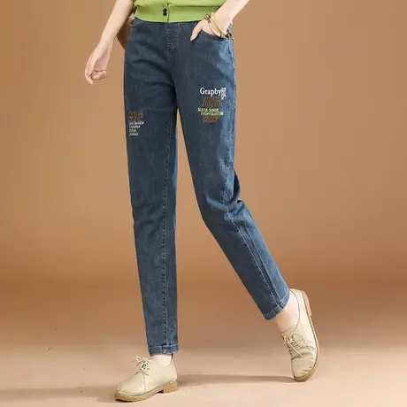 秋新品】松紧腰字母刺绣牛仔长裤女2023秋季新款修身小脚哈伦裤薄商品大图