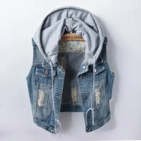 牛仔马甲女短款修身韩版潮显瘦春秋无袖外套背心肩章大码马夹带帽商品大图