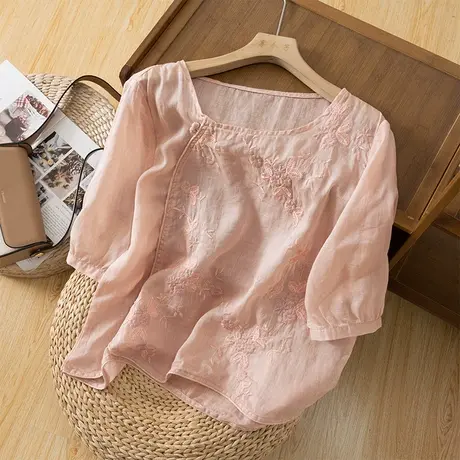 享永子五分袖苎麻上衣女夏刺绣宽松文艺复古棉麻小衫百搭休闲2023商品大图