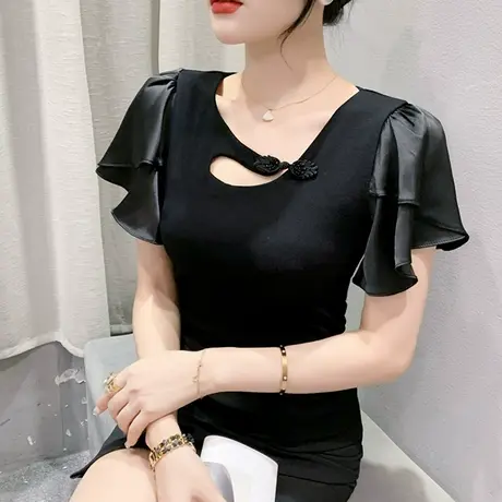 设计感荷叶边短袖上衣女夏季复古中式T恤性感镂空盘扣修身小衫ins商品大图