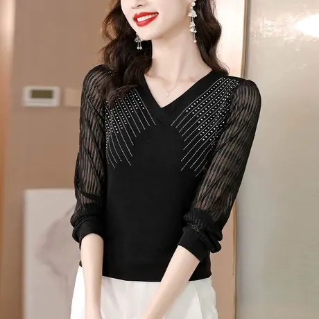 秋季女士打底衫长袖黑色t恤2023新款网纱接拼洋气修身显瘦内搭衫商品大图
