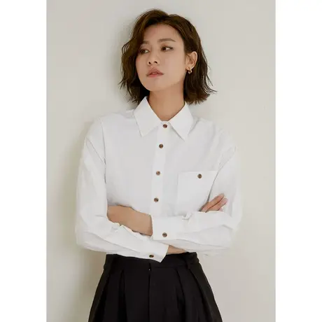 弥古白色女士衬衫上衣气质高级感长袖秋季女休闲通勤翻领绿色衬衣图片
