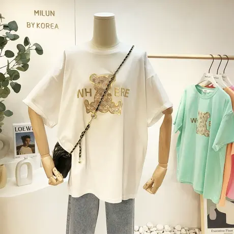 2021春夏新款韩国东大门ins字母小熊短袖蕾丝花朵T恤衫打底大码女图片