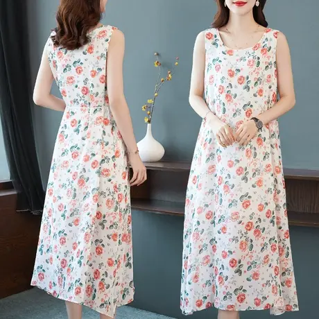 碎花大码连衣裙女夏季2022新款显瘦无袖方领微胖mm复古裙中长打底图片