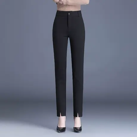 黑色开叉小脚裤女春季2023新款高腰弹力修身直筒铅笔裤九分西装裤图片