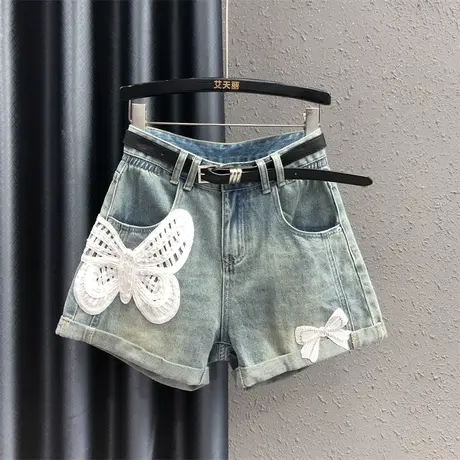 2023女夏新款蝴蝶钉珠牛仔短裤高腰显瘦卷边设计港味a字阔腿裤潮商品大图