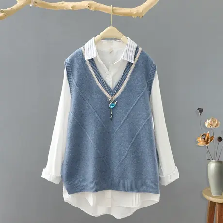 秋季2023新款文艺百搭V领套头针织马甲女装宽松无袖打底毛衣背心图片