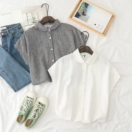 日系文艺彼得潘领 双层棉纱透气全棉短袖衬衫 超软糯简约无袖上衣图片