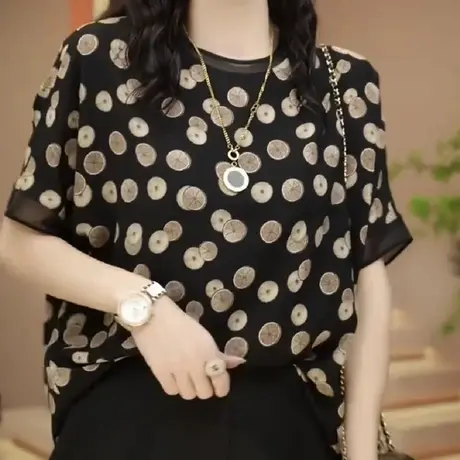 真丝宽松短袖印花T恤女夏季气质名媛高端妈妈桑蚕丝洋气漂亮上衣图片