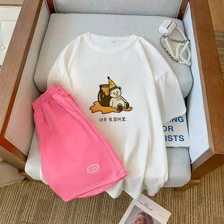 纯棉运动服套装女2023夏季宽松短袖短裤小个子休闲网红炸街两件套商品大图