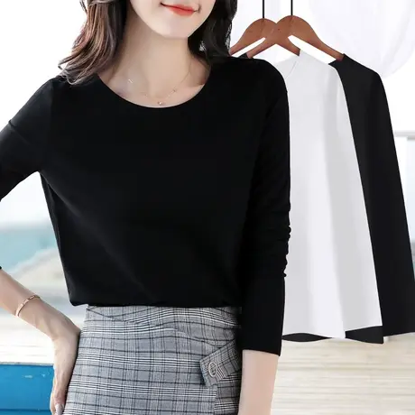 圆领纯棉打底衫女宽松显瘦内搭t恤2023春秋新款纯色简约休闲上衣商品大图