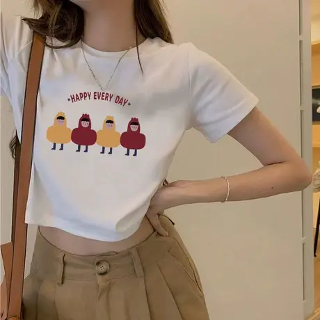 纯白色半高领短袖t恤女宽松2023新款夏短款t桖打底衫百搭体桖上衣商品大图