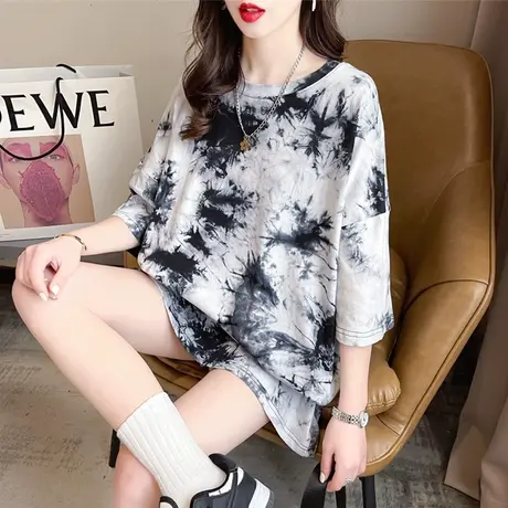 小众设计感短袖t恤女夏季韩版宽松大码女装中长款涂鸦喷漆上衣服图片