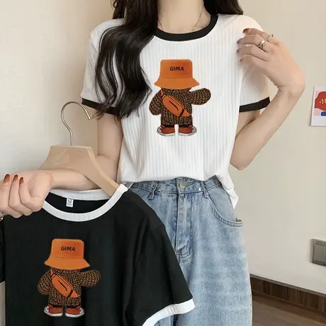 夏装闺蜜装正肩短袖女T恤ins潮韩版宽松显瘦百搭短款打底衫上衣服商品大图