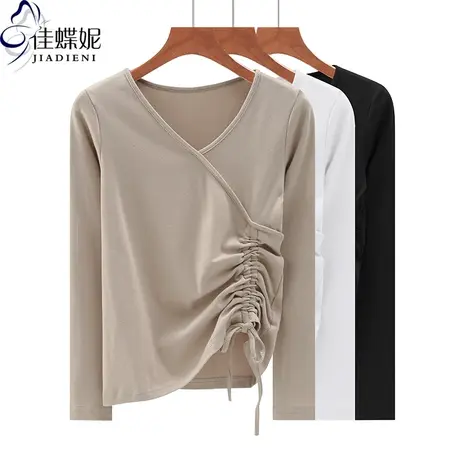 秋冬新款韩版V领抽绳修身纯棉纯色显瘦长袖体恤上衣内搭女打底衫商品大图