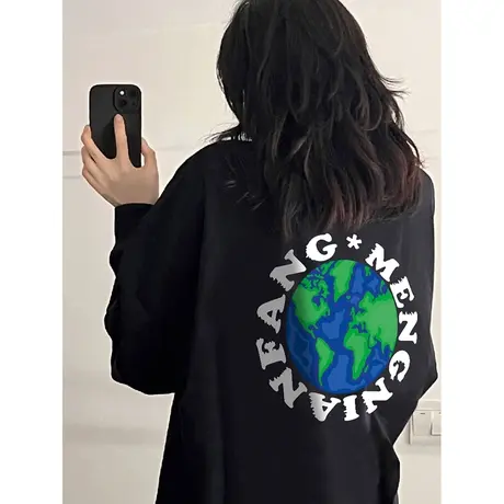 黑色街头风t恤女小众甜辣oversize大码宽松长袖打底衫潮ins上衣秋商品大图