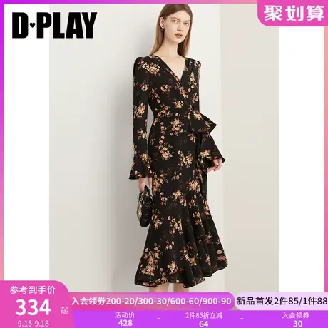 DPLAY2023秋装新法式暗夜繁花茶歇裙V领泡泡喇叭袖连衣裙印花裙图片