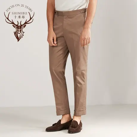 十米布那不勒斯驼色休闲裤修身款巴黎扣纯色西裤棉质细纹质感裤子图片