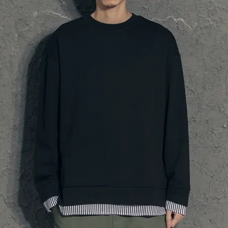 奕飏2020新款春装宽松假两件卫衣条纹拼接圆领上衣男士韩版潮帅气商品大图