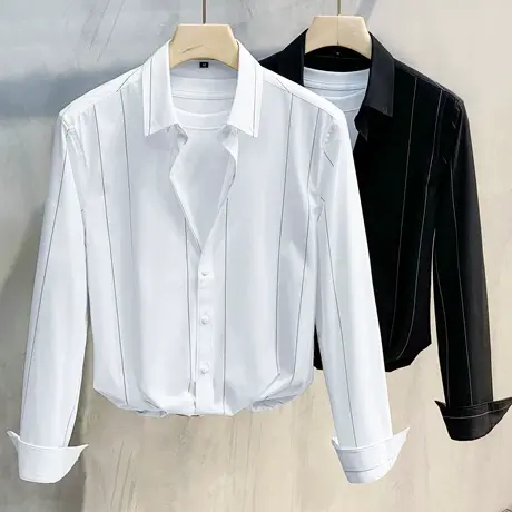 衬衫男春秋季条纹修身韩版潮流帅气长袖衬衣男士商务休闲免烫寸衫商品大图