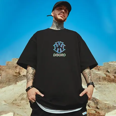 高街潮牌宽松T恤简约短袖男加肥加大五分袖纯棉肥佬大码男装夏季商品大图