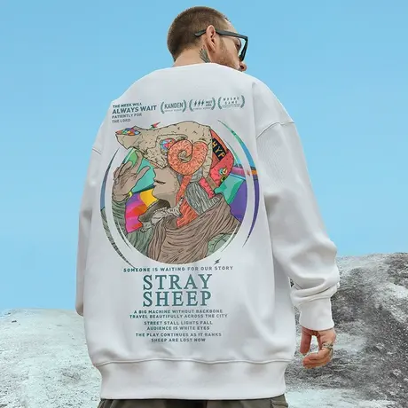 国潮oversize潮牌嘻哈hiphop大码圆领加绒卫衣男宽松潮流秋冬外套商品大图