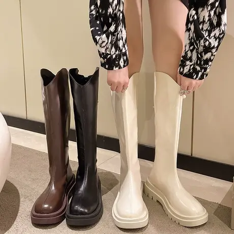 马丁靴女长筒靴2023新款春秋瘦瘦不过膝中筒高筒骑士靴小个子长靴图片