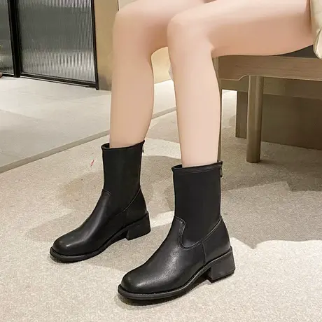 韩版时尚短筒靴英伦风拉链平底马丁靴黑色圆头切尔西皮靴女西部靴图片