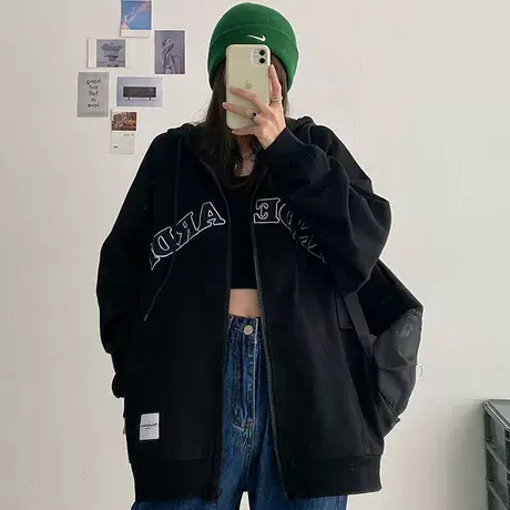 大码春秋季新款女装潮ins百搭胖mm宽松卫衣外套薄款连帽上衣200斤商品大图