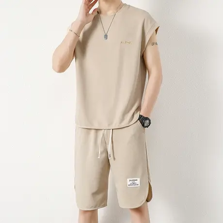 休闲套装男夏季薄款冰丝速干短袖背心男士运动篮球服一套搭配衣服商品大图