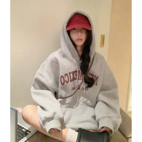 大码美式春秋款连帽宽松慵懒字母时髦卫衣女洋气上衣胖mm2-300斤商品大图