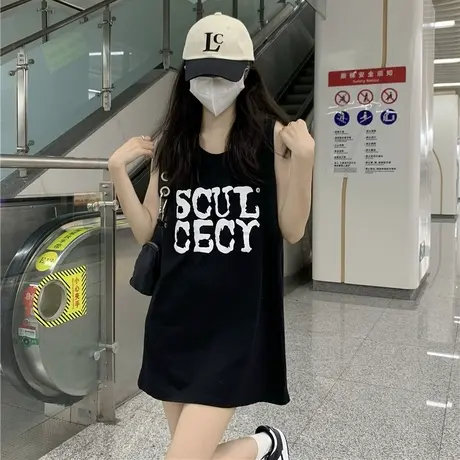 美式复古纯棉吊带运动坎肩背心无袖t恤女夏季外穿宽松蓝球服上衣图片