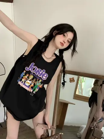 美式纯棉吊带运动背心无袖t恤女2024新款夏外穿宽松港风挂脖上衣图片