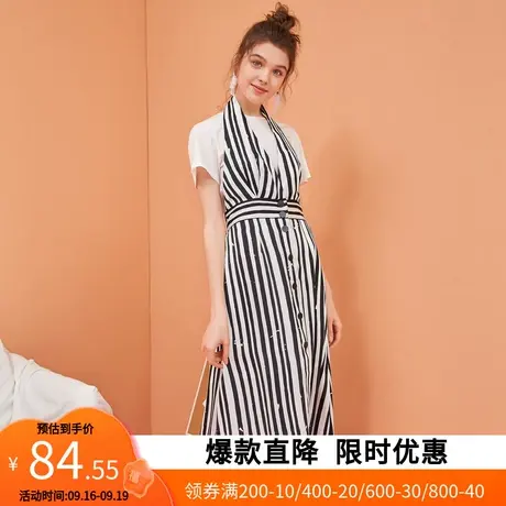 【艾格】2023夏季新款挂脖连衣裙时尚收腰女露背条纹优雅中长裙子图片
