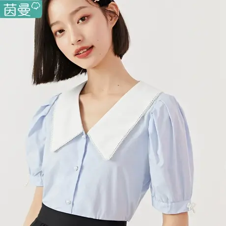 茵曼旗舰店钉珠娃娃翻领衬衫女2023夏季新款气质宽松撞色显瘦衬衣图片