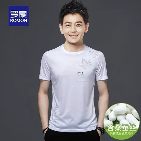 罗蒙男士短袖T恤夏季薄款桑蚕冰丝圆领印花衣服中年爸爸男装体恤商品大图