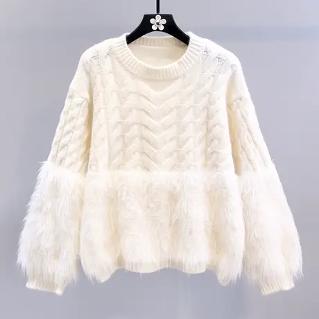 水貂绒拼接麻花毛衣女秋冬2023新款宽松设计感小众圆领套头针织衫图片