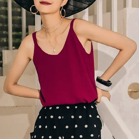 雪纺吊带背心酒红色女夏打底外穿宽松黑色V领西装内搭无袖上衣潮图片