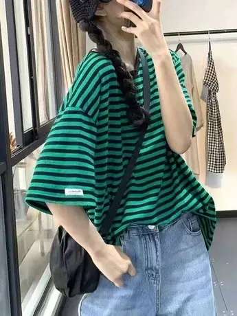 条纹上衣T恤中袖女韩版宽松夏天学生chic半袖2023新款打底衫ins潮商品大图