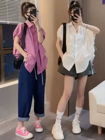 中长款粉色短袖衬衫女2023夏季新款宽松显瘦衬衣小众chic休闲上衣商品大图