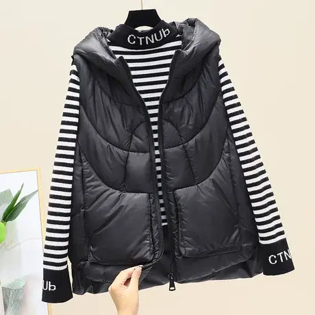 黑色羽绒棉马甲女士短款秋冬季2023新款韩版连帽坎肩马夹背心外套商品大图