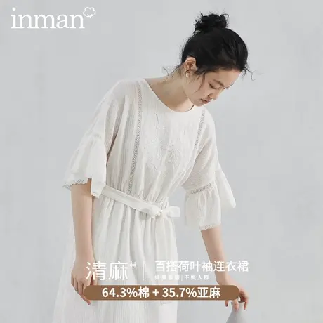 【商场同款】茵曼清麻|素雅2023春装棉麻百搭荷叶中袖系带连衣裙图片